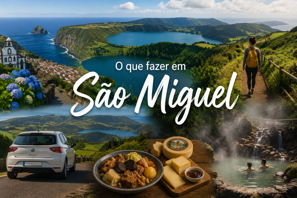Paisagens e experiências de São Miguel reunidas numa composição com lagoas, trilhos, termas, gastronomia e automóvel.