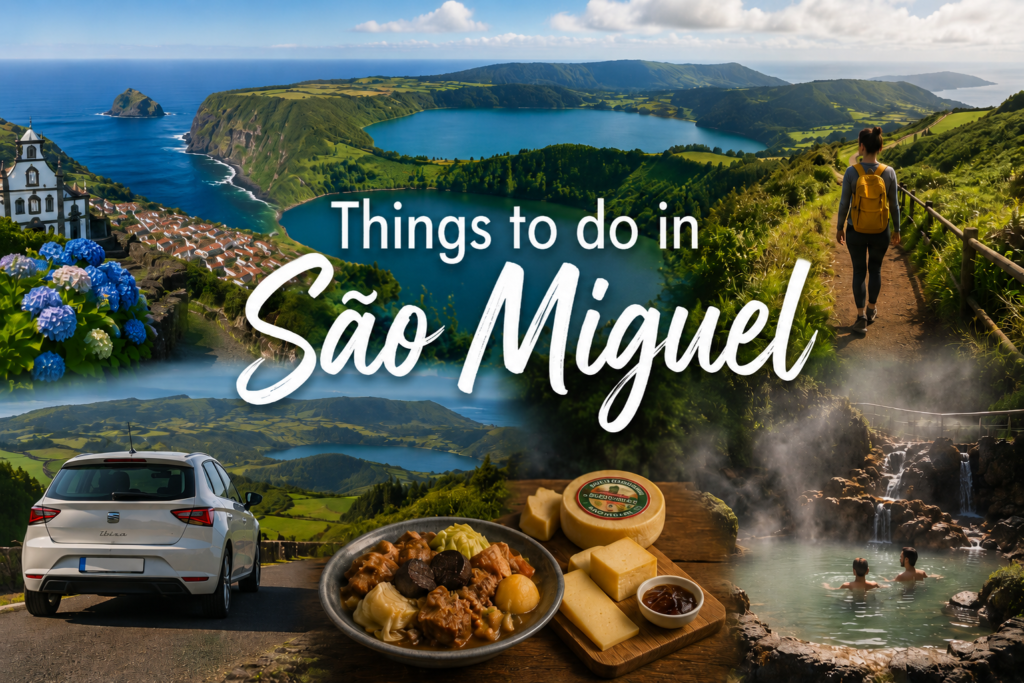 São Miguel landscapes and experiences brought together in a composition featuring lakes, hiking, hot springs, local food and a car.