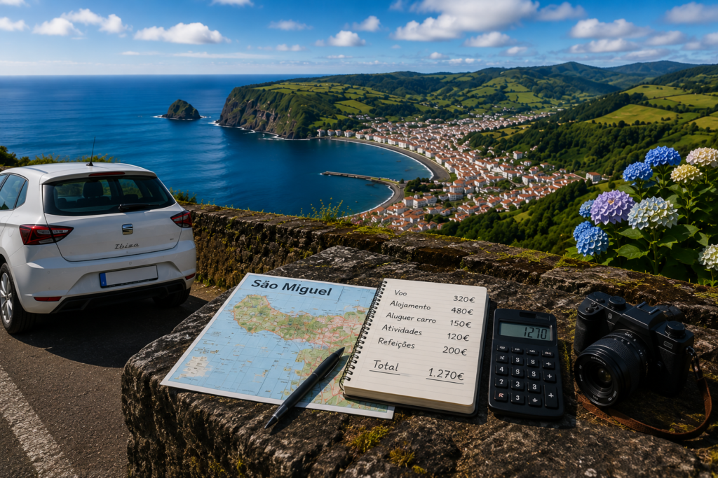 São Miguel trip-planning elements including a map of the island, travel budget and car.