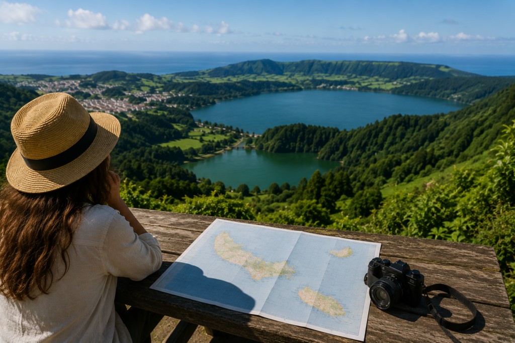 Visitor admiring a landscape in São Miguel beside a car.