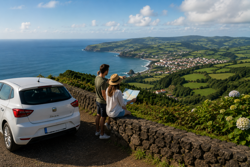 Visitors beside a car at a viewpoint in São Miguel while looking at a map of the island.
