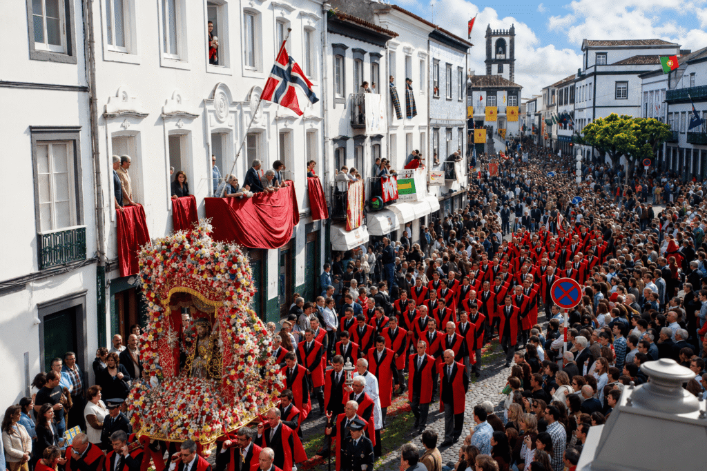 Senhor Santo Cristo dos Milagres procession in Ponta Delgada, with the traditional floral float and Brotherhood members wearing red ceremonial robes.