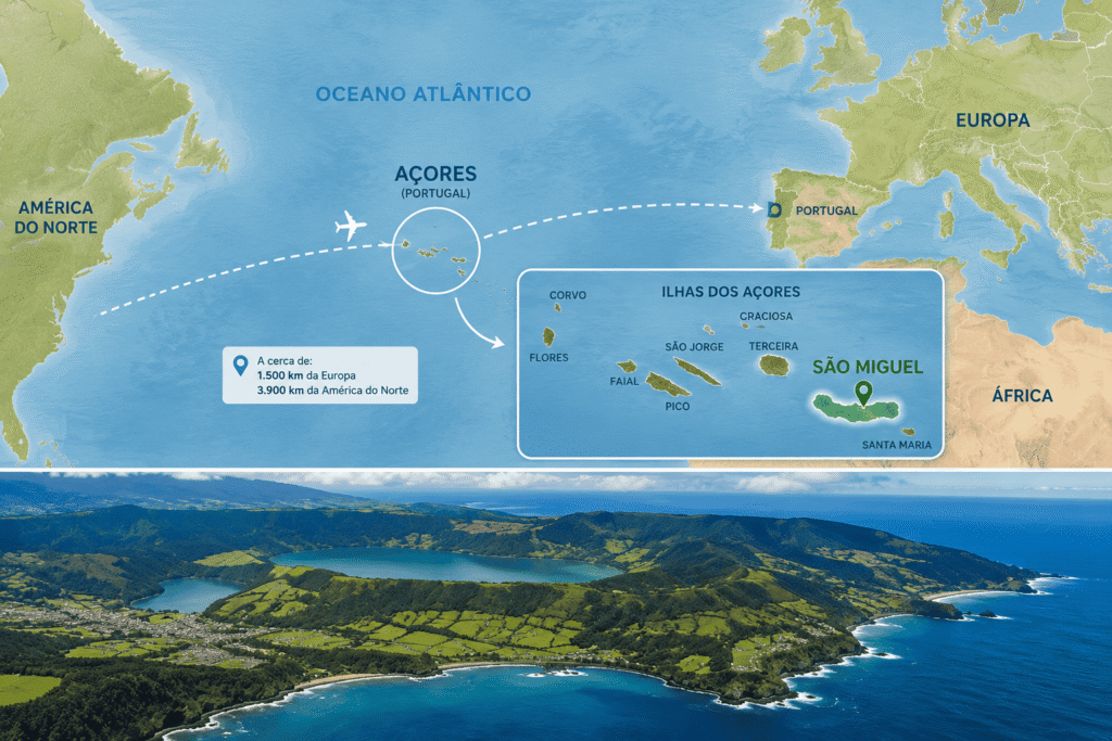 Mapa do Atlântico com a localização dos Açores entre a Europa e a América, com destaque para São Miguel.