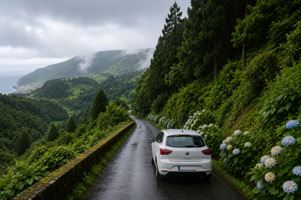 Scenic road in Nordeste, São Miguel, surrounded by lush vegetation and overlooking the Atlantic Ocean.