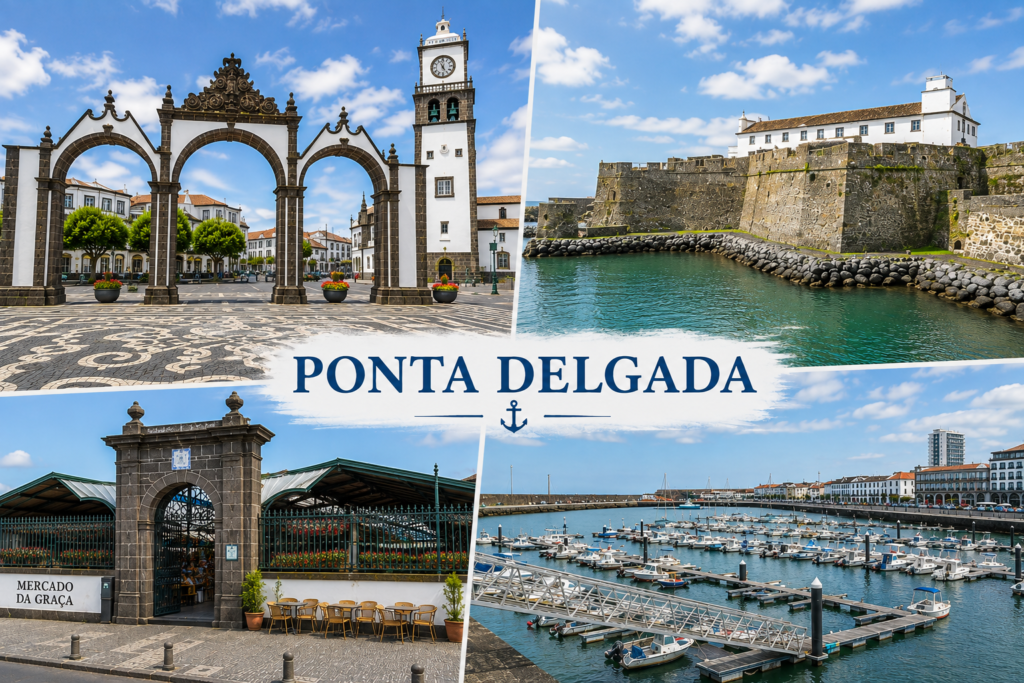 Ponta Delgada em São Miguel com Portas da Cidade, Forte de São Brás, Mercado da Graça e marina.