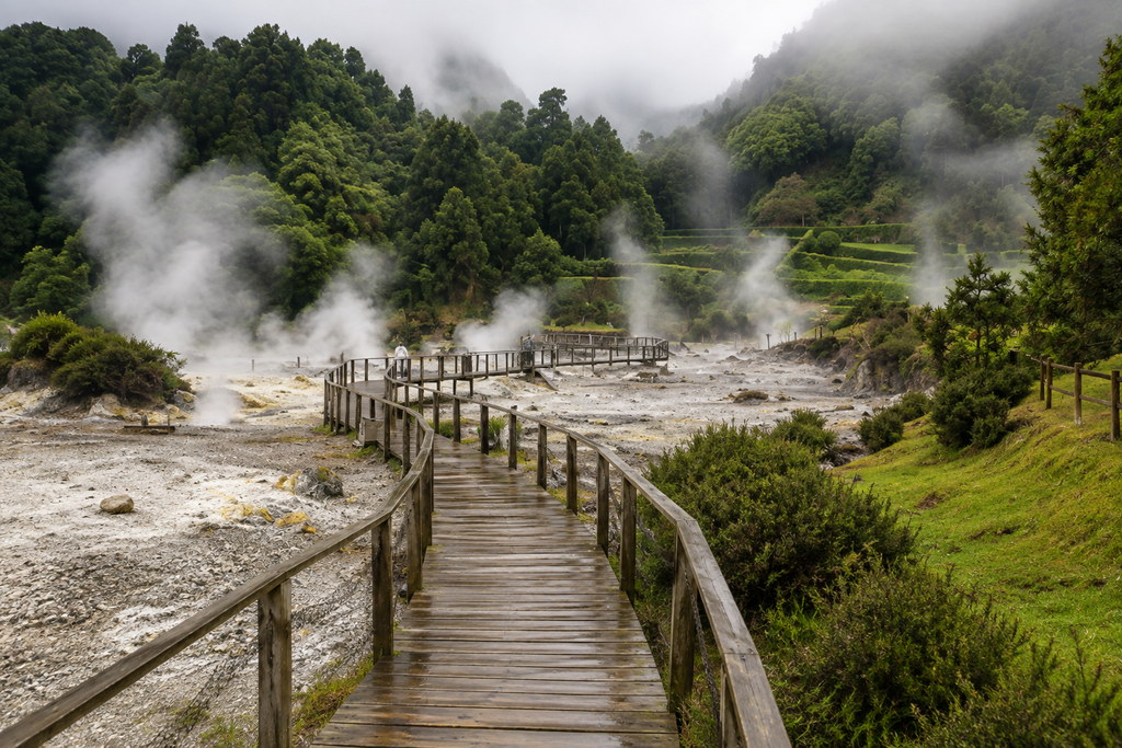 Fumaroles and a wooden boardwalk in the geothermal area of Furnas, surrounded by the lush vegetation of São Miguel.