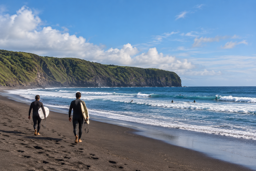 Surfistas com pranchas na Praia de Santa Bárbara, na Ribeira Grande, em São Miguel.