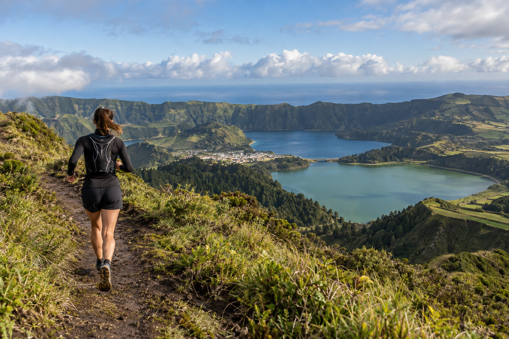 Trail runner nas cumeeiras das Sete Cidades, com as lagoas e o oceano ao fundo, em São Miguel, Açores.